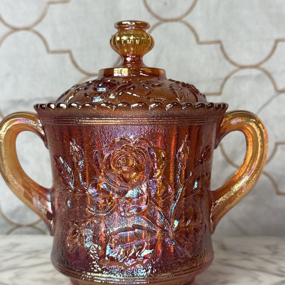Imperial Carnival Glass Sugar Bowl Lid Marigold Open Lustre Rose Vintage Mint